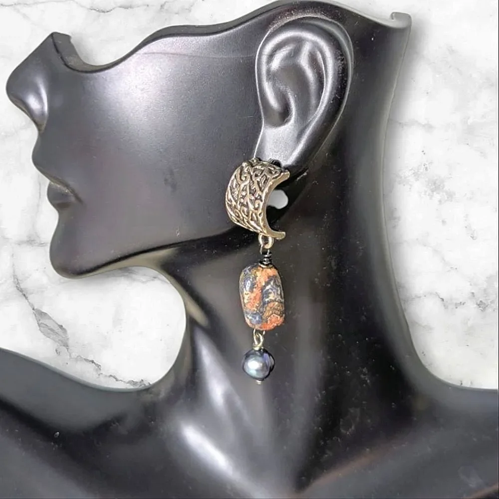 Natural Stone And Tooled Silver Dangle Earrings